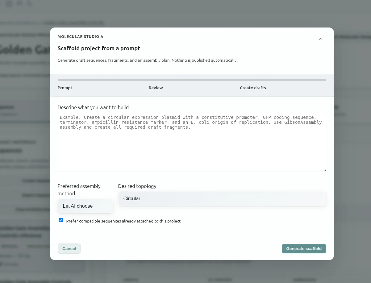 FlaskTrack AI-assisted molecular biology project and sequence design workflow