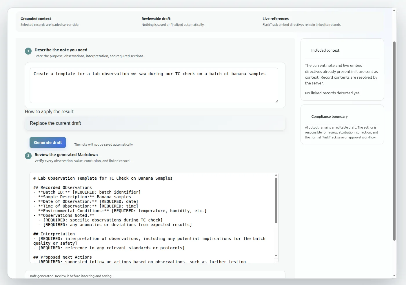 FlaskTrack electronic laboratory notebook AI powered generation, create templates - bootstrap formal documents and update your notes easily within the flasktrack platform data easily