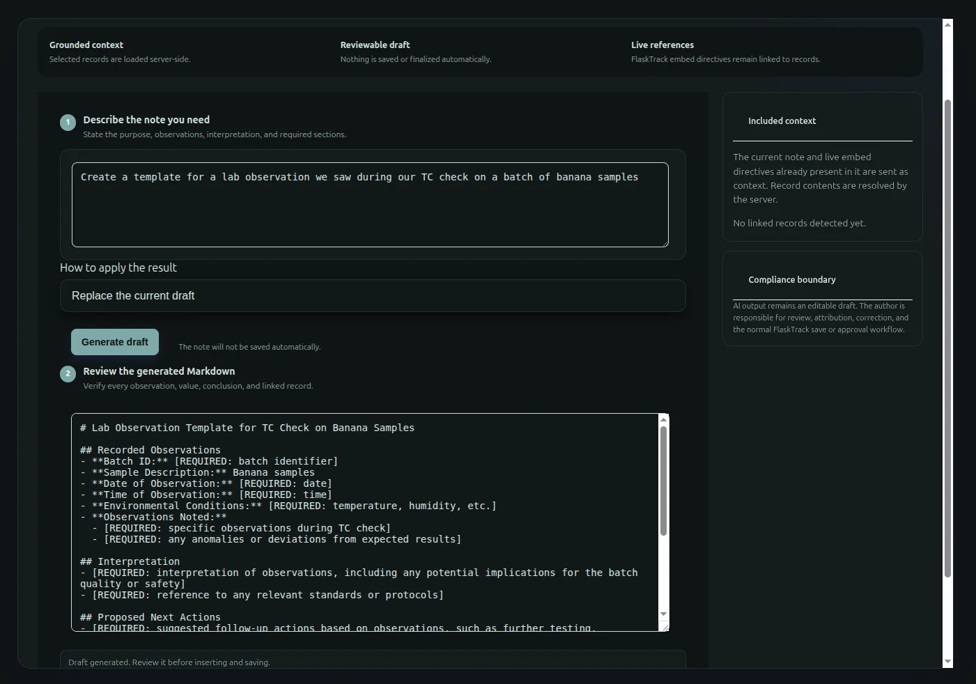 FlaskTrack electronic laboratory notebook AI powered generation, create templates - bootstrap formal documents and update your notes easily within the flasktrack platform data easily