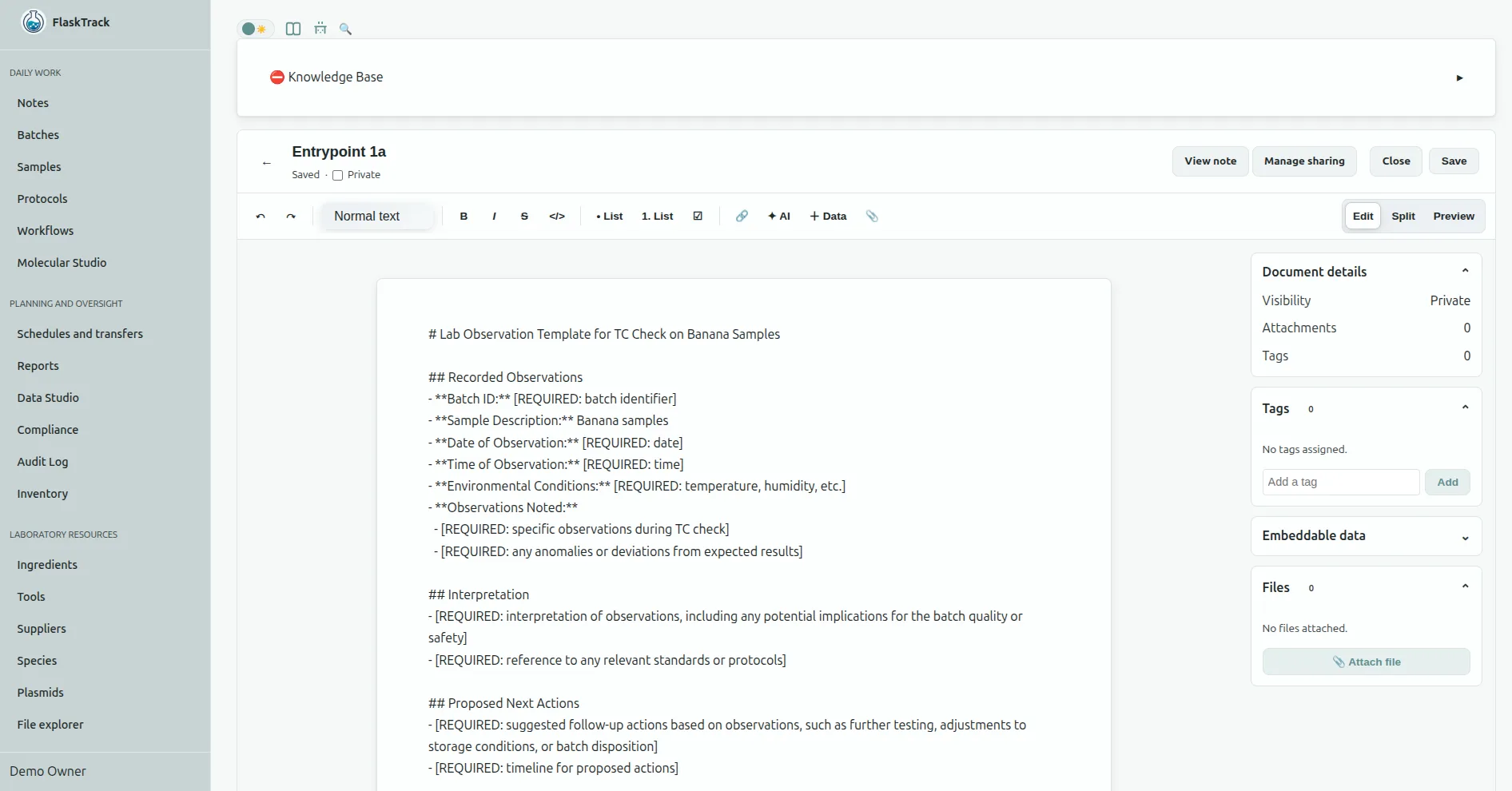 FlaskTrack electronic laboratory notebook and connected knowledge records