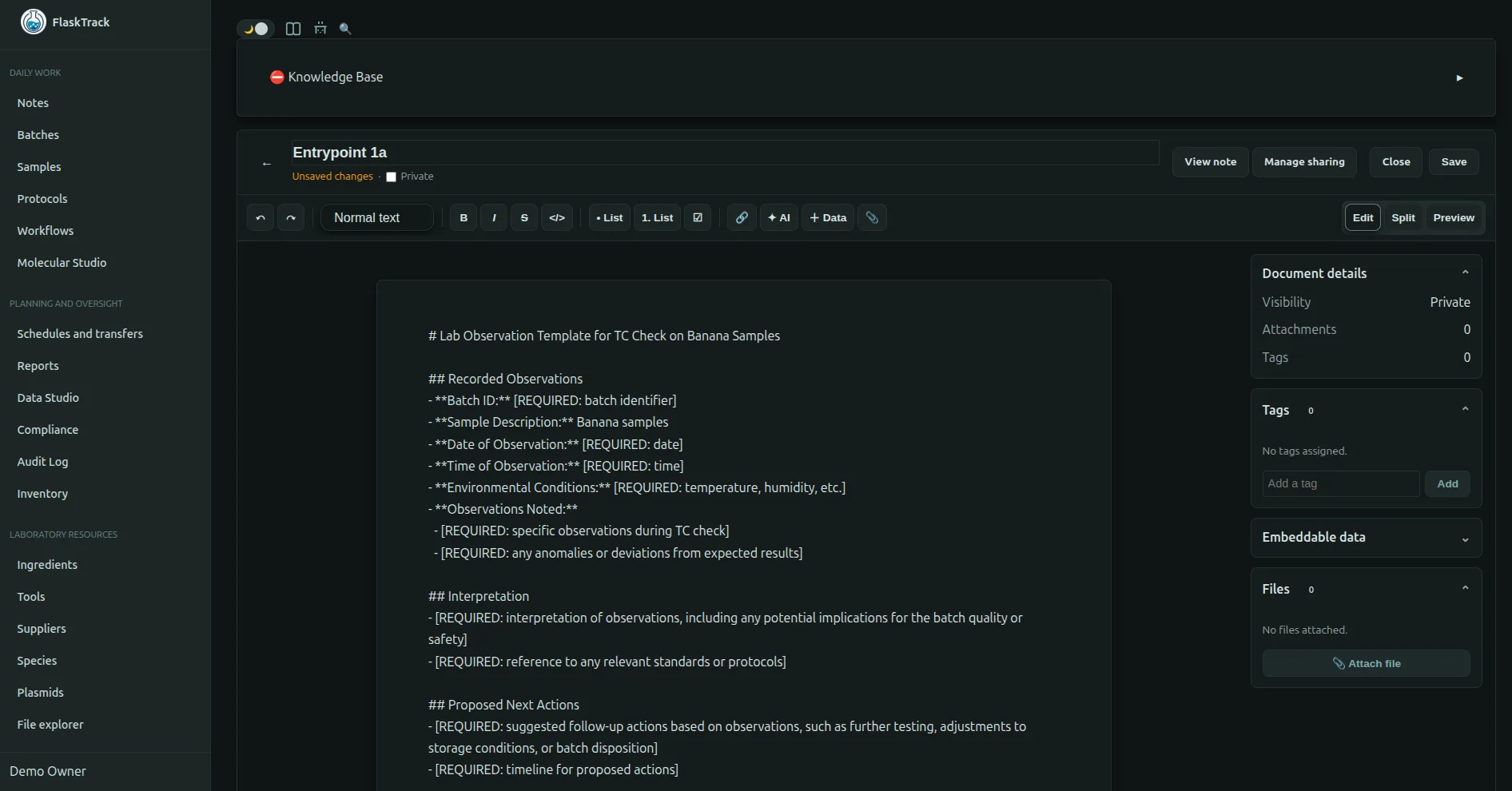 FlaskTrack electronic laboratory notebook and connected knowledge records